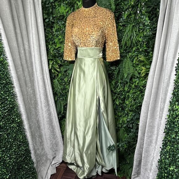 Elegant Dress Women 6 Gold Green High Neck Sequin Gown Layered Split Formal 2597 - Picture 8 of 9